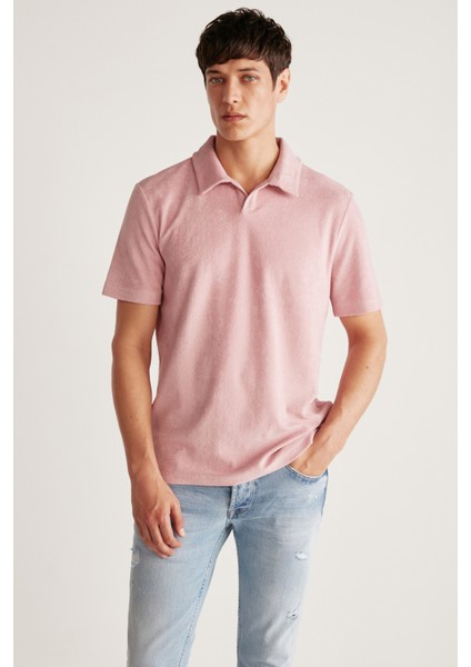 Todd Erkek Polo Yaka Havlu Kumaşlı Kalın Dokulu Pembe Polo Yaka T-Shirt