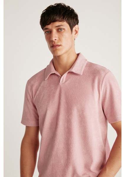 Todd Erkek Polo Yaka Havlu Kumaşlı Kalın Dokulu Pembe Polo Yaka T-Shirt