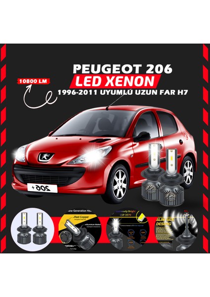 Peugeot 206 1996-2011 Uzun Far Uyumlu Şimşek Etkili LED Xenon Premium Series H7