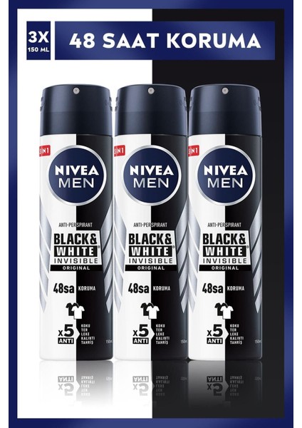 Men Black&white Invisible Deodorant 150 ml x 3 Adet
