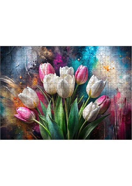 Ahşap Mdf Puzzle Yapboz Pembe Beyaz Laleler 500 Parça 50*70 cm