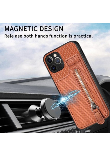 IPhone 12 Için Kılıf Pro Max Standı Manyetik Araç Montaj Fermuar Cüzdan Crad Yuvası (Yurt Dışından)