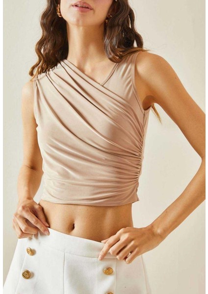 Drape Yakalı Crop Bluz