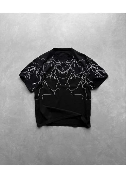 Bisiklet Yaka Baskılı Oversize T-Shirt - Siyah