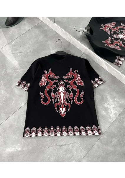 Bisiklet Yaka Baskılı Oversize T-Shirt - Siyah