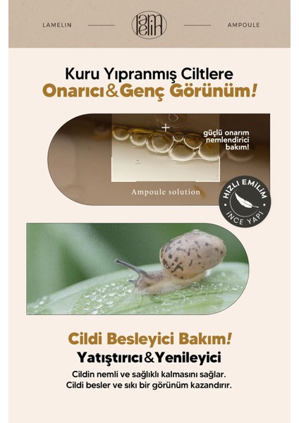 Salyangoz Müsini ve Altın Içeren Onarıcı Yenileyici Serum Lamelin Gold Snail Ampoule