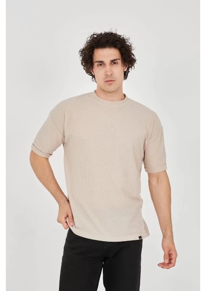 Waffle Kumaş Rahat Kol T-Shirt - Bej