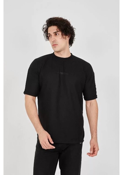 Waffle Kumaş Rahat Kol T-Shirt - Siyah