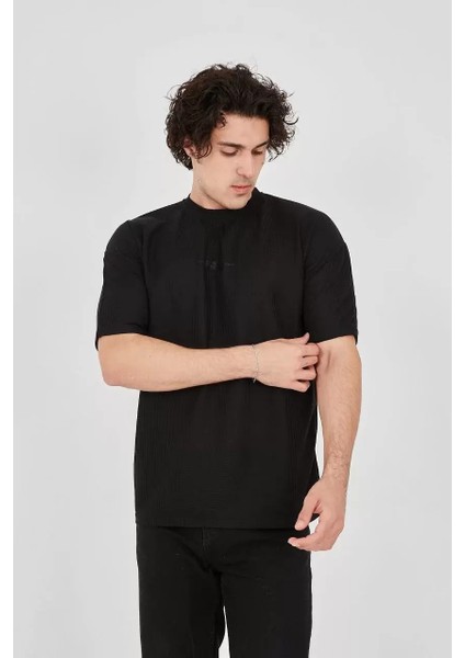 Waffle Kumaş Rahat Kol T-Shirt - Siyah