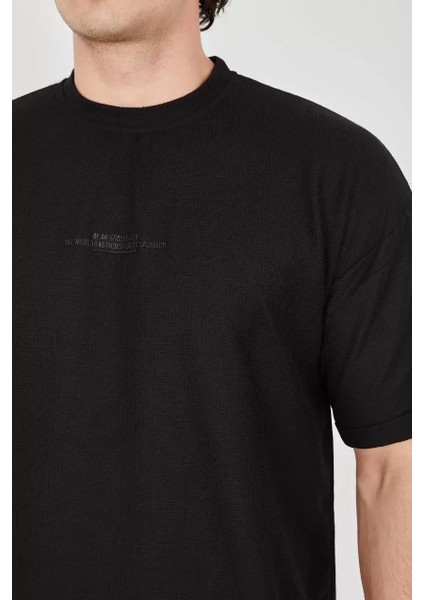 Waffle Kumaş Rahat Kol T-Shirt - Siyah