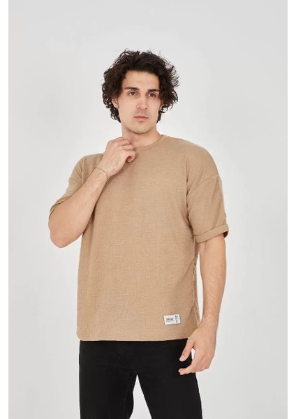 Jakar Kumaş Rahat Kol T-Shirt - Kahverengi
