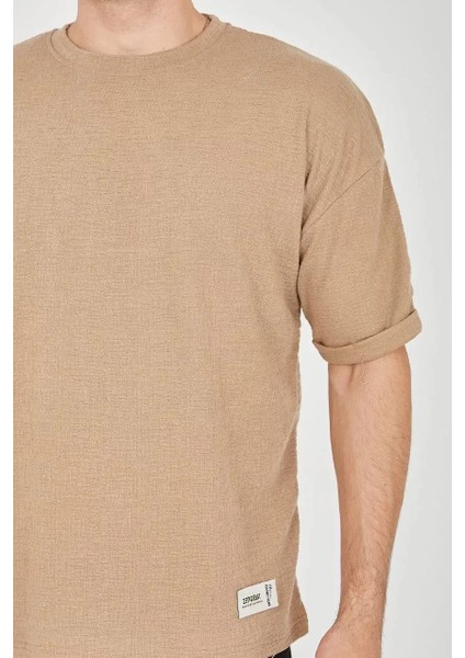 Jakar Kumaş Rahat Kol T-Shirt - Kahverengi