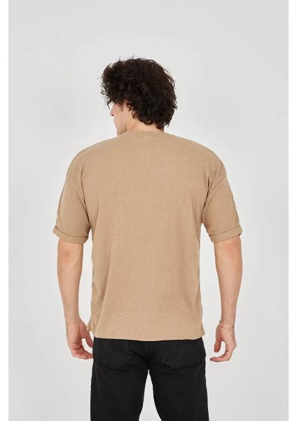 Jakar Kumaş Rahat Kol T-Shirt - Kahverengi
