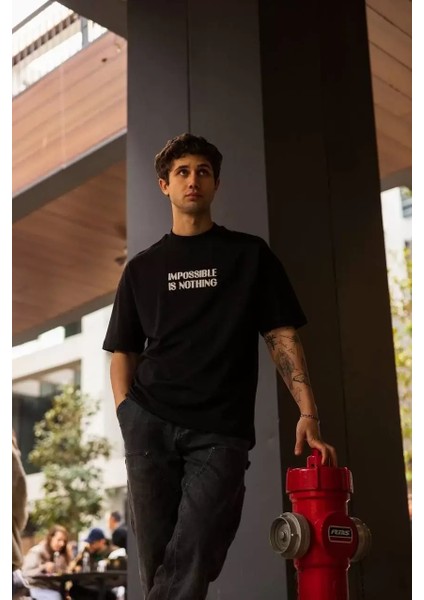 Bisiklet Yaka Baskılı Oversize T-Shirt - Siyah