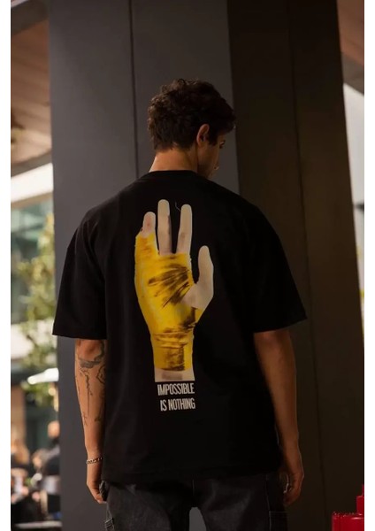 Bisiklet Yaka Baskılı Oversize T-Shirt - Siyah