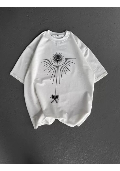Bisiklet Yaka Baskılı Oversize T-Shirt - Beyaz modelleri
