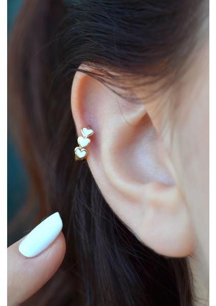 Sıralı Beyaz Kalpli Helix Piercing Kıkırdak Küpesi Lob Tek Adet