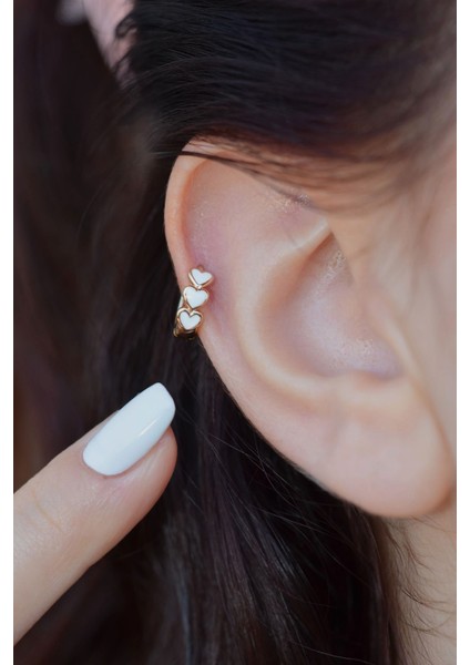 Sıralı Beyaz Kalpli Helix Piercing Kıkırdak Küpesi Lob Tek Adet
