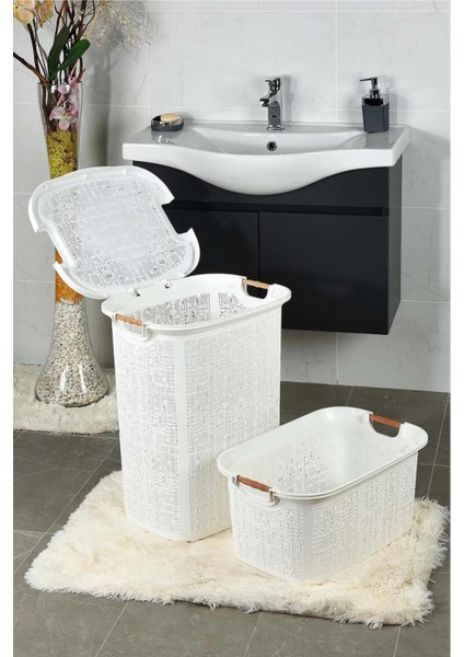 Woow Ahşap Saplı Set Beyaz Kirli Sepeti ve Çamaşır Sepeti - Kapaklı Banyo Seti
