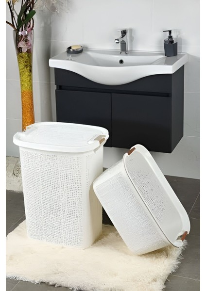 Woow Ahşap Saplı Set Beyaz Kirli Sepeti ve Çamaşır Sepeti - Kapaklı Banyo Seti fiyatları