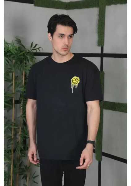 Bisiklet Yaka Baskılı Oversize T-Shirt - Siyah