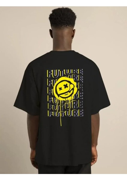 Bisiklet Yaka Baskılı Oversize T-Shirt - Siyah