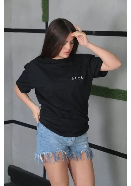 Bisiklet Yaka Baskılı Oversize T-Shirt - Siyah