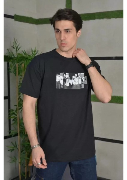 Bisiklet Yaka Baskılı Oversize T-Shirt - Siyah