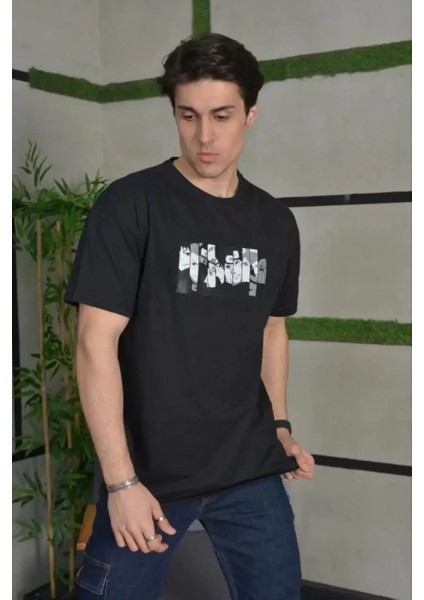 Bisiklet Yaka Baskılı Oversize T-Shirt - Siyah