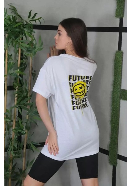 Bisiklet Yaka Baskılı Oversize T-Shirt - Beyaz