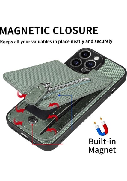 IPhone 13 Için Kılıf Pro Max Fermuar Manyetik Araç Montaj Standı Cüzdan Crad Yuvası (Yurt Dışından)