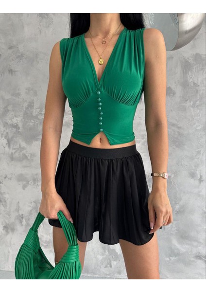Düğmeli Drapelli V Yaka Crop Bluz