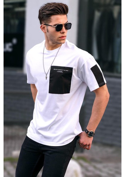 Beyaz Cep Detaylı Tişört Erkekler İçin Bisiklet Yaka %100 Pamuklu Kısa Kol