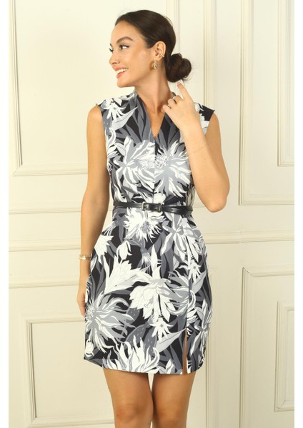 Kadın V Yaka Beli Kemerli Yırtmaçlı Kasımpatılı Krep Elbise modelleri