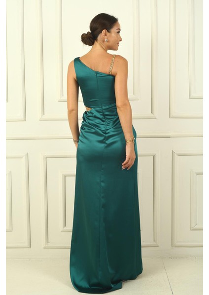 Tek Omuz Bel Dekolteli Zincirli Saten Abiye Elbise fırsatları