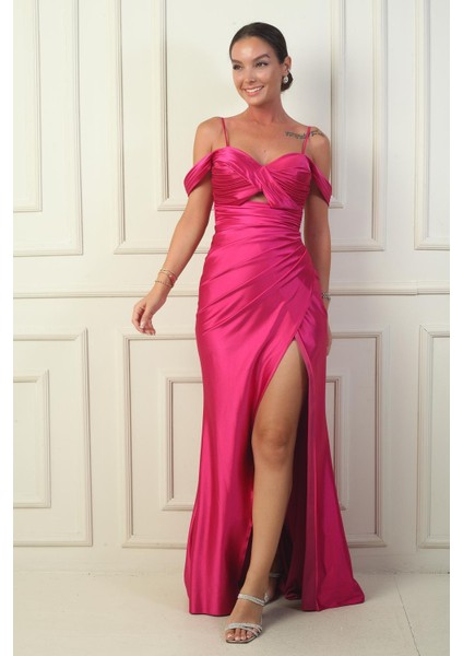 Kadın Ip Askılı Düşük Kol Önü Drapeli Pencereli Astarlı Uzun Saten Elbise fiyatları