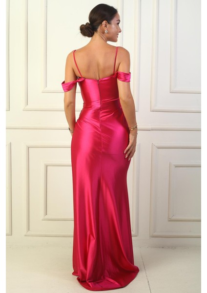 Kadın Ip Askılı Düşük Kol Önü Drapeli Pencereli Astarlı Uzun Saten Elbise fırsatları