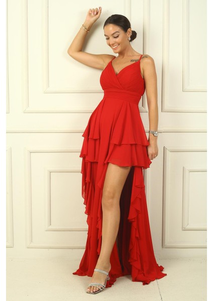 Kadın Ip Askılı Yanları Yırtmaçlı Astarlı Volanlı Şifon Uzun Elbise modelleri