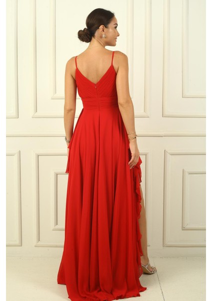 Kadın Ip Askılı Yanları Yırtmaçlı Astarlı Volanlı Şifon Uzun Elbise fırsatları