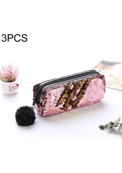 3 Adet Çift Taraflı Payetli Kumaş Kalem Kutusu - Pembe (Yurt Dışından)