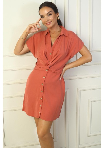 Kadın Önü Düğmeli Düğüm Detaylı Bel Lastikli Lyocell Pamuk Kısa Elbise