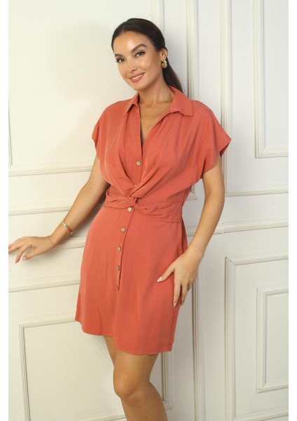 Kadın Önü Düğmeli Düğüm Detaylı Bel Lastikli Lyocell Pamuk Kısa Elbise fiyatları