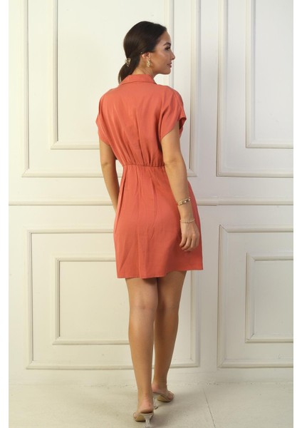 Kadın Önü Düğmeli Düğüm Detaylı Bel Lastikli Lyocell Pamuk Kısa Elbise fırsatları