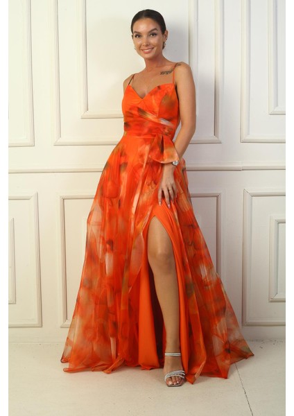 Kadın Ip Askılı Arkası Bağcıklı Önü Drapeli Çiçekli Organze Uzun Elbise fiyatları