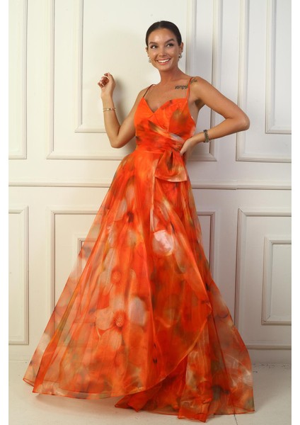 Kadın Ip Askılı Arkası Bağcıklı Önü Drapeli Çiçekli Organze Uzun Elbise modelleri