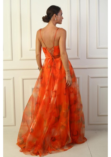 Kadın Ip Askılı Arkası Bağcıklı Önü Drapeli Çiçekli Organze Uzun Elbise fırsatları