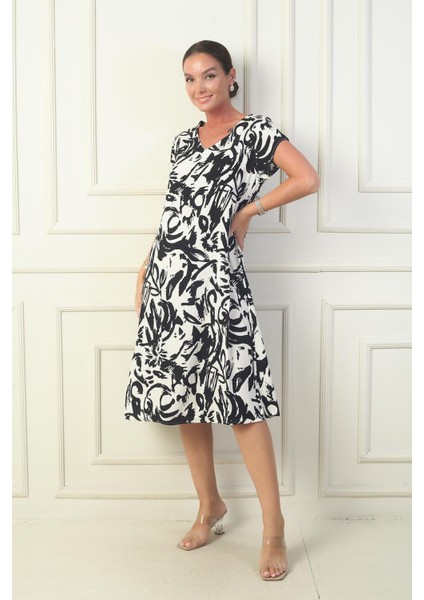 Kadın V Yaka Soyut Desenli Viskon Elbise modelleri