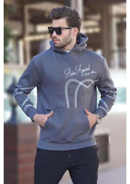 Füme Baskılı Kapşonlu Cep Detaylı Erkek Sweatshirt 7067
