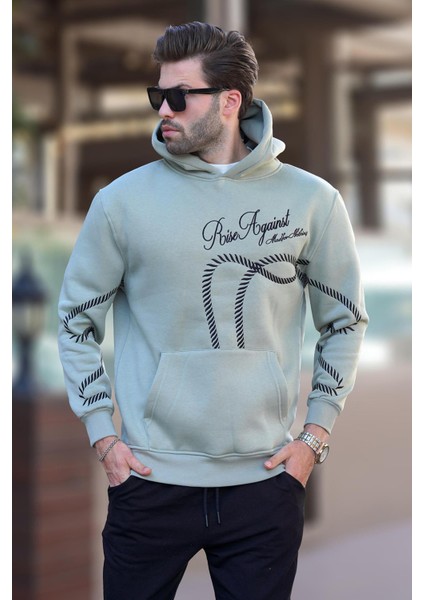 Çağla Yeşil Baskılı Kapşonlu Cep Detaylı Erkek Sweatshirt 7067 fiyatları