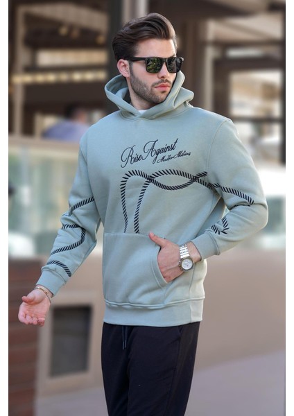 Çağla Yeşil Baskılı Kapşonlu Cep Detaylı Erkek Sweatshirt 7067